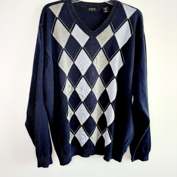 Izod Golf  V Neck Sweater Argyle Navy Blue Gray - Picture 6 of 8